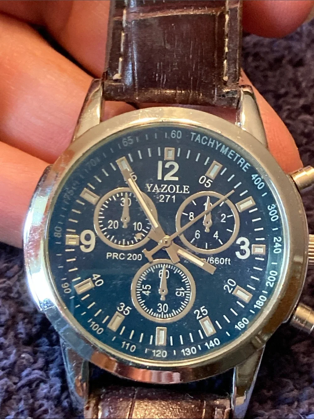 Men's Brown Leather Strap Chronograph Look Watch - Blue Dial Runs Perfectly